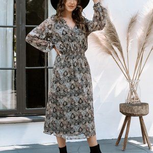 NWT Veronica M Catia Peacock Feather Print Chiffon Smocked Midi Dress